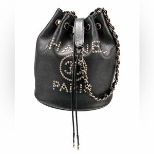 Chanel Deauville Bucket Black Caviar Leather Bag Crossbody Studded small